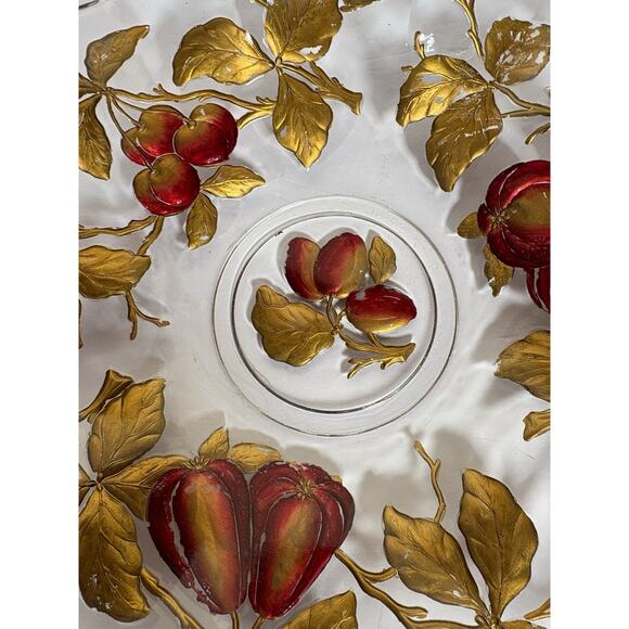 Vintage Glass Intaglio Plate Dish Goofus Glass Ruffled Gold Rim Red Fruit 10.5" - Picture 5 of 16
